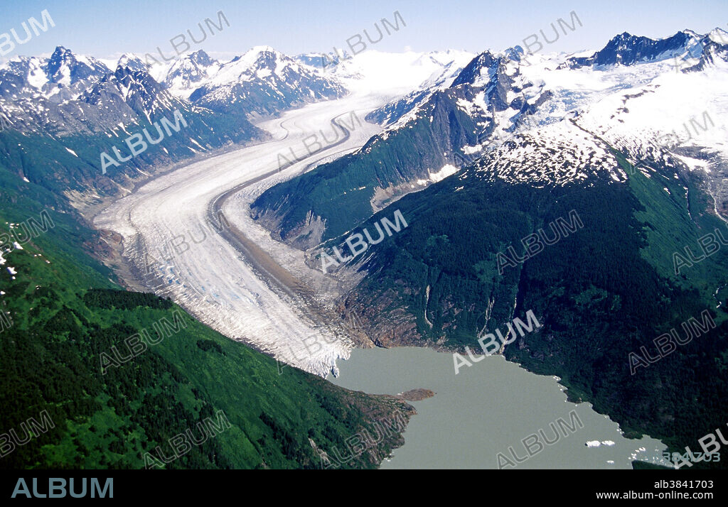 Wright Glacier, extending from the Juneau Ice Field to an alpine glacial lake, near Juneau, Alaska in July.