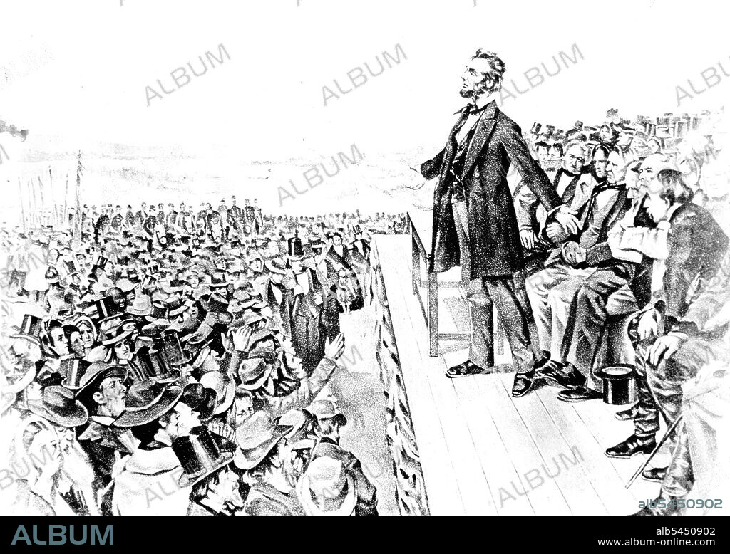 Abraham Lincoln's Words Inspire People of U.S. and of World -- This old drawing shows Abraham Lincoln, U.S. President from 1860 to 1865, delivering the Gettysburg address on the scene where a decisive battle of the Civil War had been fought in July 1863. The battleground at Gettysburg, Pennsylvania, is maintained as a national memorial cemetery. 
An old drawing showing Lincoln delivering his famous Gettysburg address. January 18, 1951. (Photo by United States Information Service).