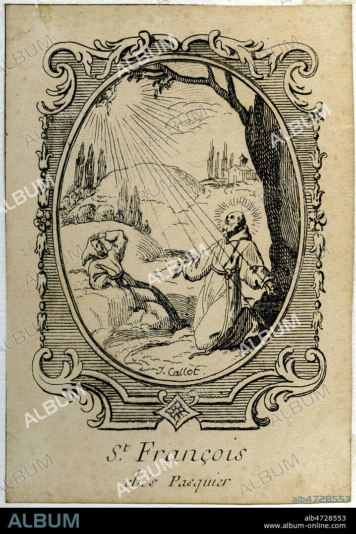 St Francois d'Assise recevant les stigmates. Gravure realisee par Jacques CALLOT (1592-1635), debut 17eme s. Credit : Collection KHARBINE-TAPABOR.
