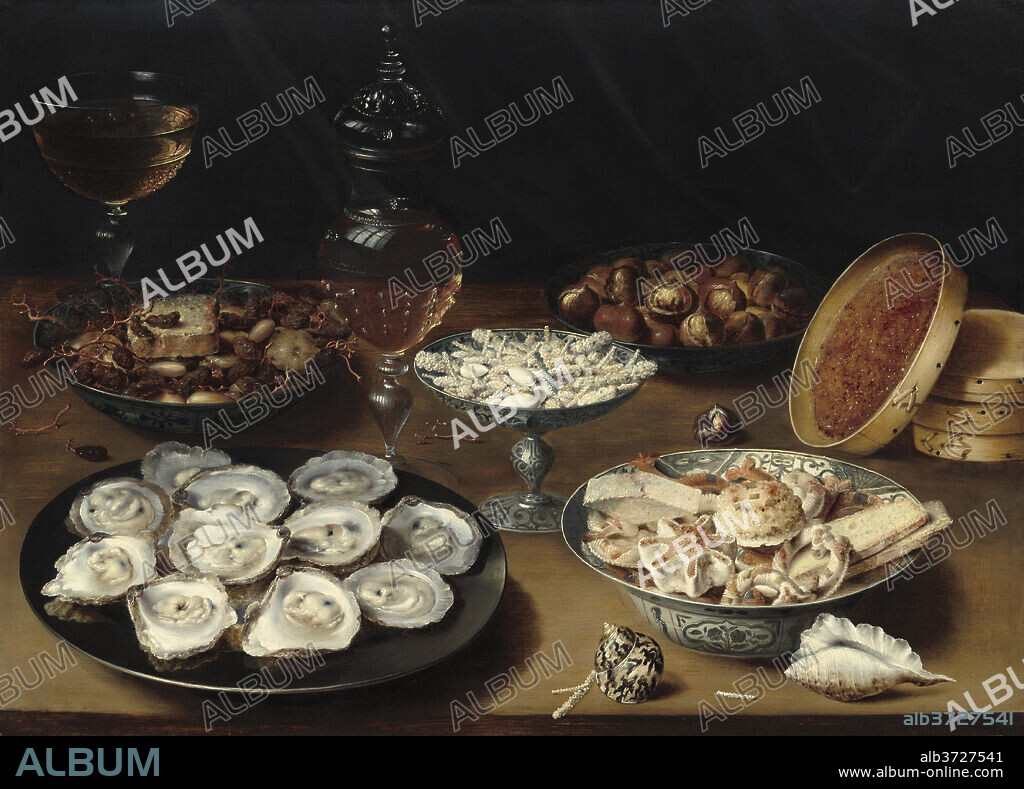 OSIAS BEERT THE ELDER. Dishes with Oysters, Fruit, and Wine. Dated: c. 1620/1625. Dimensions: overall: 52.9 x 73.4 cm (20 13/16 x 28 7/8 in.)  framed: 72.1 x 92.7 x 4.4 cm (28 3/8 x 36 1/2 x 1 3/4 in.). Medium: oil on panel.