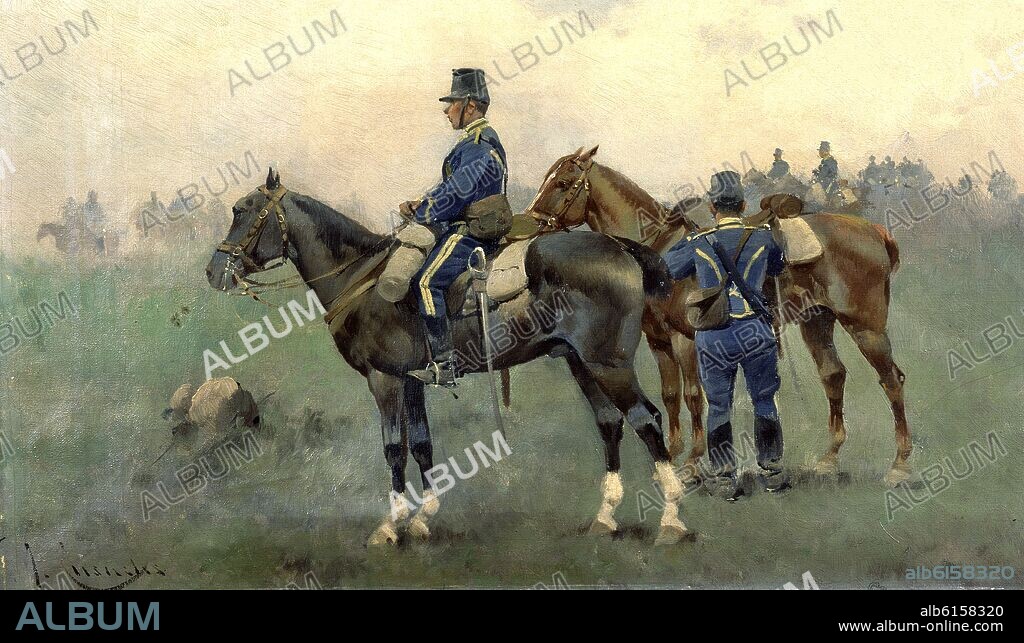 JOSE CUSACHS Y CUSACHS (1851-1908). PINTURA DE MILITARES A CABALLO.
