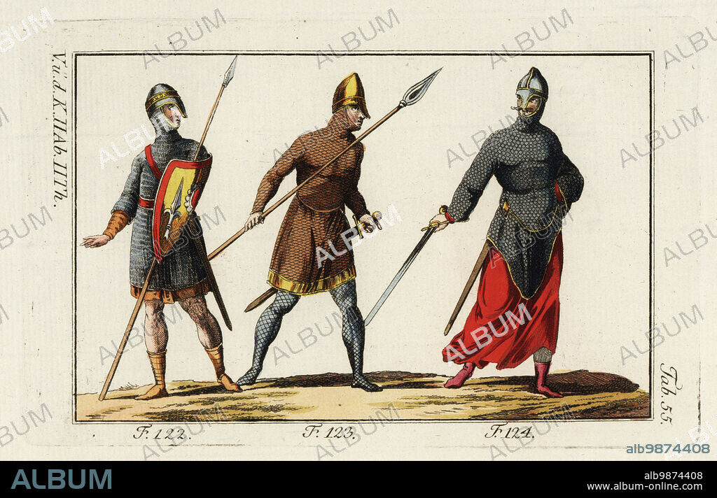 Three Norman cavalry in chainmail armor and nasal helmets. Soldier with lance and shield with heraldic blason 122, soldier in chainmail tunic and leggings with lance and sword 123, and soldier in chainmail hauberk and scarlet skirts 124. Handcolored copperplate engraving from Robert von Spalart's Historical Picture of the Costumes of the Principal People of Antiquity and Middle Ages, Vienna, 1802.