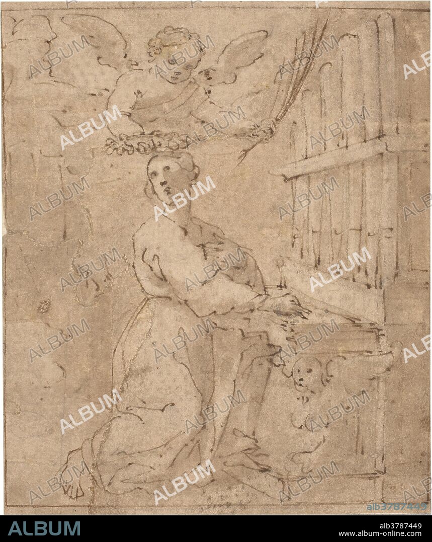 Ippolito Scarsella (Attributed to) / 'Saint Cecilia'. XVII century. Grey-brown wash, Black chalk, Pencil on brown paper.