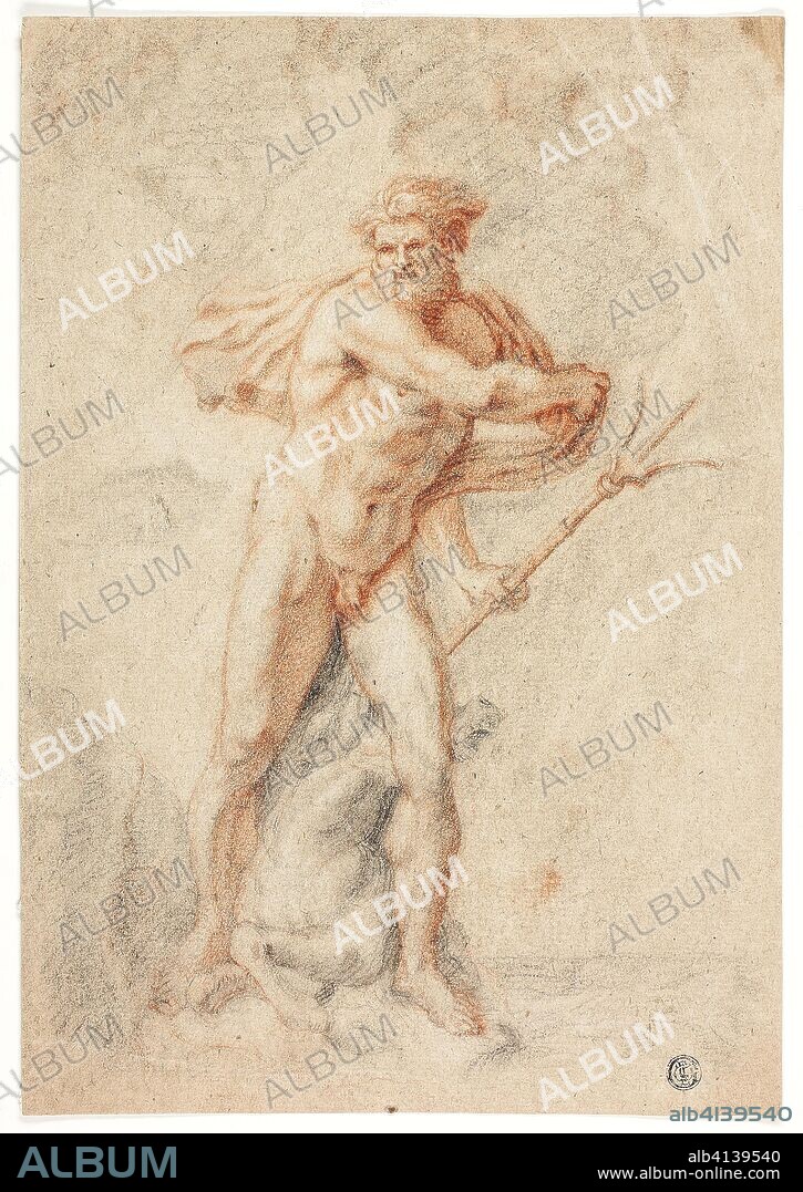 THEODOOR VAN THULDEN. Neptune. Possibly Theodor van Thulden (Dutch, 1606-1669); or an unknown artist (Flemish, 17th century). Date: 1626-1699. Dimensions: 320 x 221 mm. Black and red chalk, heightened with white chalk, on tan laid paper. Origin: Netherlands.