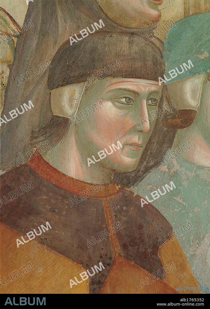 The Manger or Crib at Greccio, by Giotto, 1297-1300, 13th Century, fresco, cm 270 x 230. Italy, Umbria, Perugia, Assisi, Upper Basilica of San Francesco, nave. Detail. Face of a man in the foreground in the center of the composition headdress headgear pink red brown hues shades brown orange yellow green.
