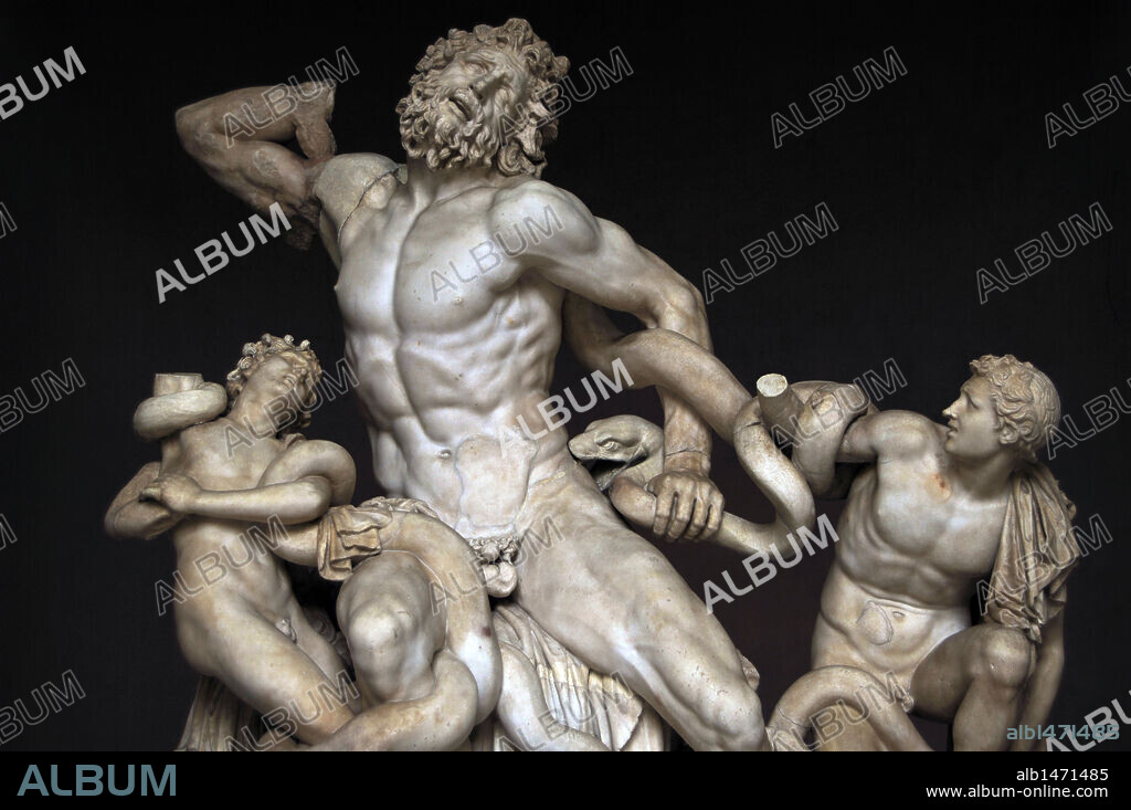 ARTE GRIEGO. GRECIA. PERIODO HELENISTICO. "LAOCOONTE Y SUS HIJOS". Grupo escultórico en mármol realizado por Agesandro, Atenodoro y Polidoro (h. 50 d. C.). Fue encontrado entre las ruinas de las termas de Tito, en Roma. Museos Vaticanos. Ciudad del Vaticano. Europa.