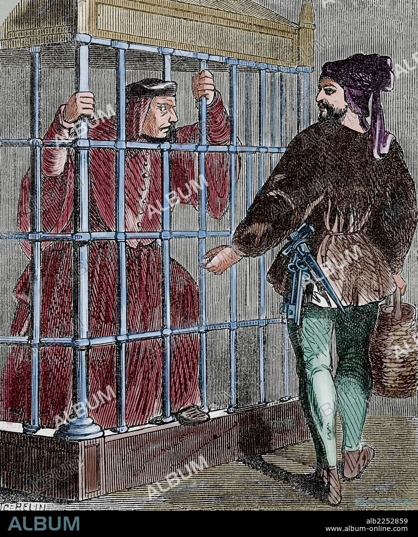 Jean Balue (1421-1491). French cardinal and minister of Louis XI. Balue prisoner in the castle of Loches. Engraving. 19th century. Colored.