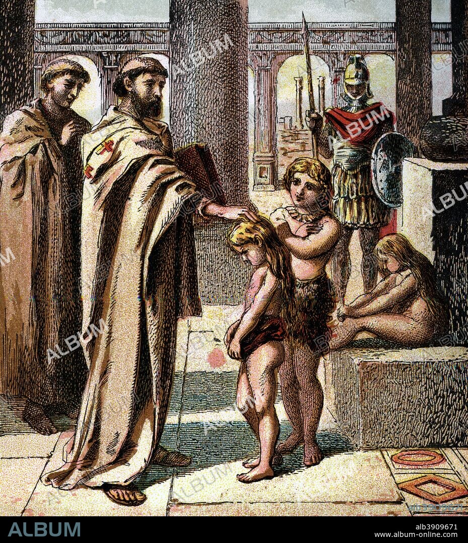'The Pope And The Saxon Children', c180. In AD 598, Pope Gregory I sent bishop Augustine to persuade all the Saxons in England to become Christians (pictured). Augustine went on to become the first Archbishop of Canterbury as a result and is considered to be the founder of the English Church. From Pictures of English History, published by George Routledge & Sons (London & New York, c1850).