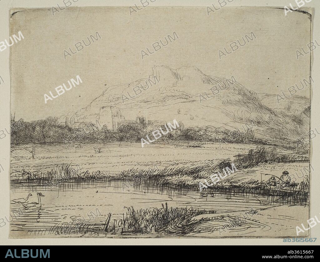 Canal with an Angler and Two Swans. Artist: Rembrandt (Rembrandt van Rijn) (Dutch, Leiden 1606-1669 Amsterdam). Dimensions: Sheet (Trimmed): 3 1/4 × 4 1/4 in. (8.3 × 10.8 cm).