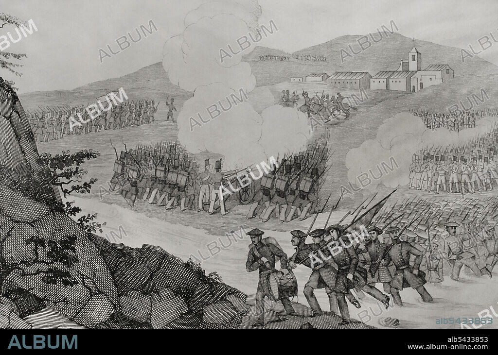 MANUEL MIRANDA. 19TH CENTURY-SPANISH ARTIST.. History of Spain. Navarre. First Carlist War (1833-1840). Battle of Mendigorria (16th July 1835). The Carlist troops under the command of Gonzalez Moreno and the Liberals led by Fernández de Córdoba fought the biggest battle of the Carlist Wars. Almost the entire Carlist army was in Mendigorria, as was the pretender to the throne, Don Carlos. The liberal army finally forced the Carlists to flee, losing the chance to capture Don Carlos. Illustration by Manuel Miranda. Engraving. Panorama Español, Crónica Contemporánea. III Volume. Madrid, 1845.