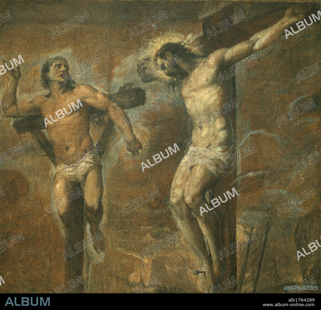 Christ and The Good Thief, by Tiziano Vecellio known as Titian, 1565 about, 16th Century, oil on canvas, cm 137 x 149. Italy, Emilia Romagna, Bologna, National Picture Gallery. Restored in 1983. From the Zambeccari collection. All. Crucifixion crucifix Jesus dead aureole good thief crosses light brown yellow. Authorization required for non editorial use.