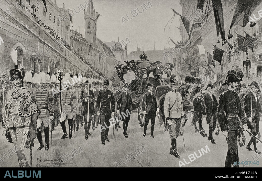 Vienna, Austria. The funeral of Empress Elisabeth of Austria (1837-1898). Empress consort of Austria (1854-1898). The cortege in Augustinerstrasse on 16 September 1898. Elisabeth was assassinated by an Italian anarchist, Luigi Lucheni, while walking along Lake Leman in Geneva. Photoengraving. La Ilustración Española y Americana, 1898.