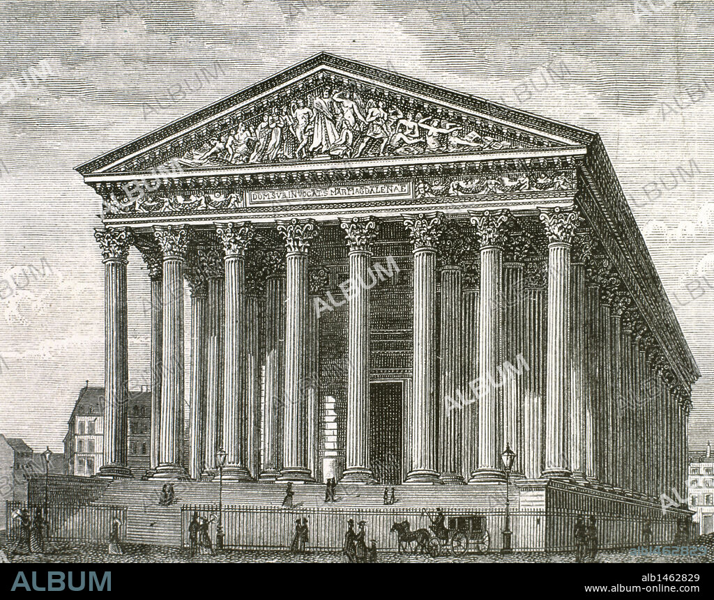 LA MADELEINE. Iglesia dedicada a Santa María Magdalena. Proyectada por Vignon en 1806 por encargo de Napoleón, quien quería construir un templo en honor a los Soldados del Gran Ejército. En 1814 el edificio fue destinado a Iglesia. París. Francia. Grabado S. XIX.