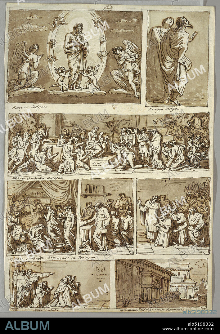 Studies after Paintings by Perugino and Alfonso Lombardo in Bologna; sixteenth-century monument, Bologna, Felice Giani, Italian, 17581823, Pen and ink, brush and sepia wash, graphite on cream laid paper, Recto, top row: Two details of Ascension of Virgin; inscription: Perugino Bologna. Second row: adoration of Magi; inscription: Alfonso Lombardo Bologna. Third row: birth of Virgin. Two representations referring ro S. Dominic; inscription: Alfonso Lombardo S. Domenico in Bologna. Bottom row: presentation to Dominicans; inscription: Alfonzo lombardo. Square with two sarcophagi bordered by two churches; inscription: monumento del cinque cento Ravenna., Verso, top: corner of Renaissance palace with view of street; inscription: monumento del/cinque cento/Bologna. Bottom left: view of coffered arch and coffer; inscription: monumento cinque cento/Bologna. Part of narrow Renaissance house with short view of street., Italy, 181314, figures, Drawing, Drawing.
