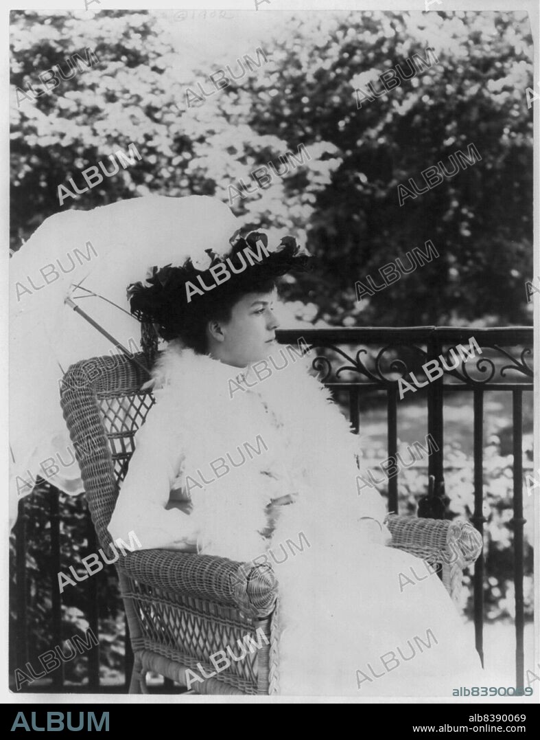 FRANCES BENJAMIN JOHNSTON. Alice Roosevelt Longworth, between c1890 and c1910. Three-quarter length portrait, seated in wicker chair, facing right. [Daughter of President Theodore Roosevelt and his first wife Alice Hathaway Lee].