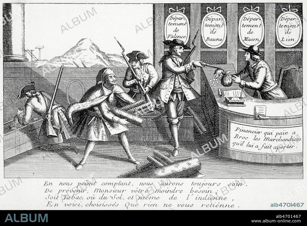 BROU, le lieutenant de Louis MANDRIN (1724-1755) oblige les fermiers du Roi a acheter les marchandises introduites en fraude (sel, tabac, indiennes) Illustration anonyme du XVIIIeme s. Credit : Collection KHARBINE-TAPABOR.
