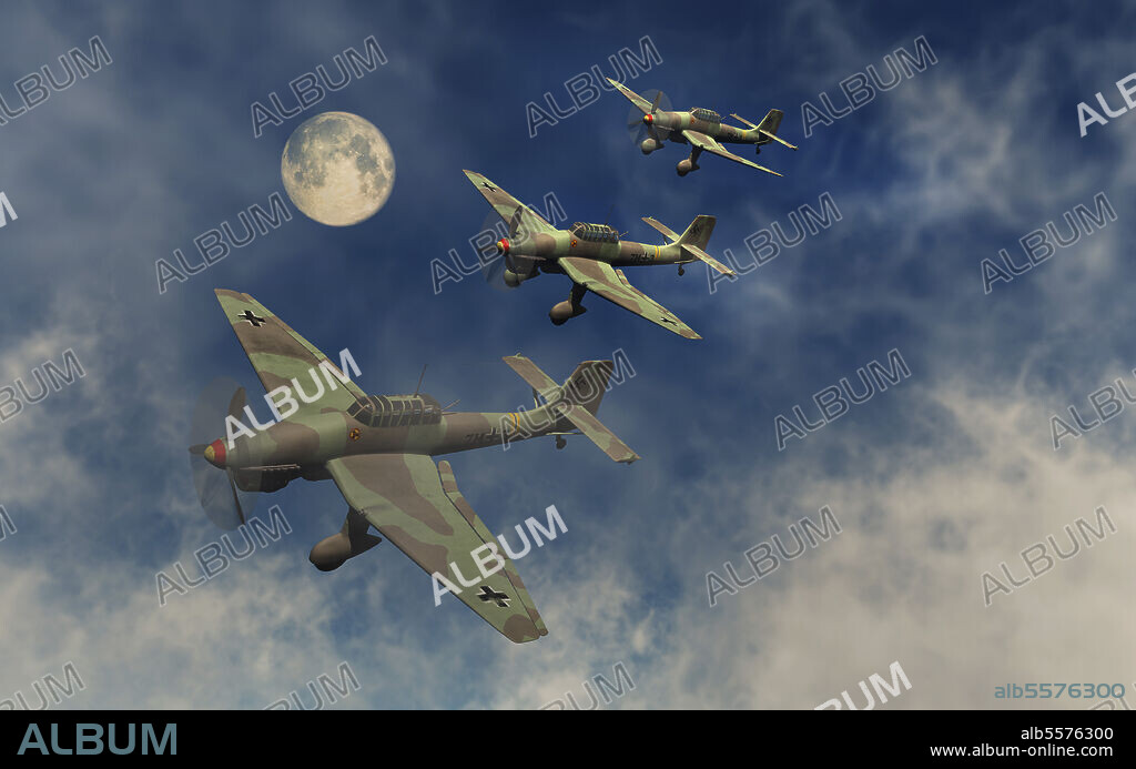 A formation of German Ju 87 Stuka dive bombers preparing to attack enemy targets during World War II.