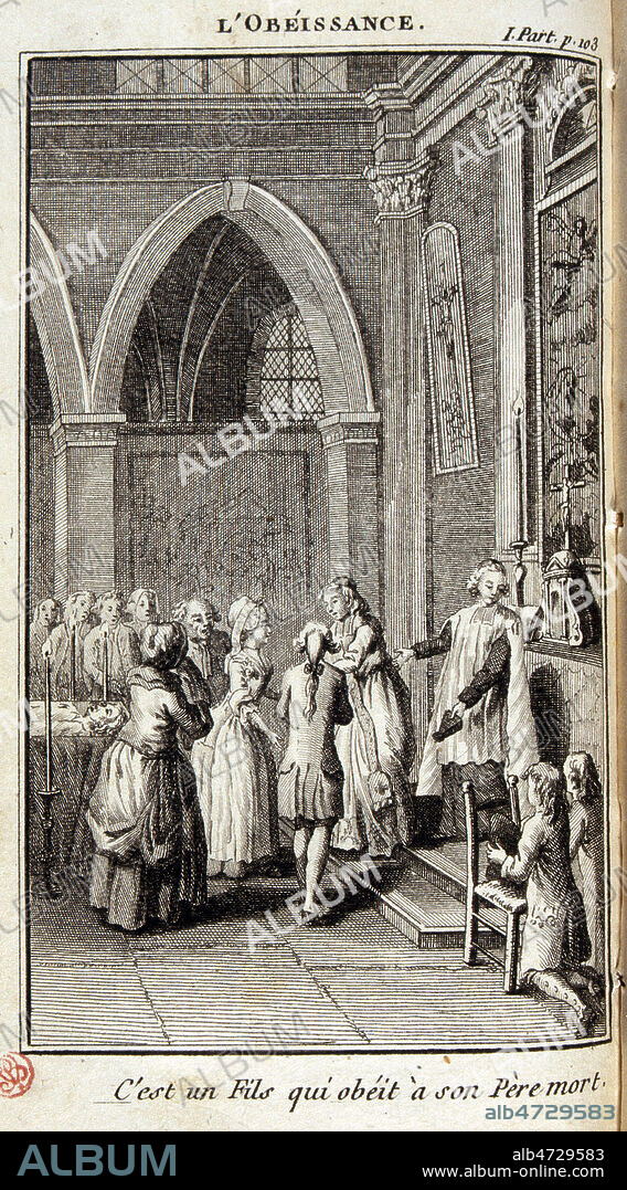 MARIAGE - "l'Obeissance" " c'est un fils qui obeit a son pere mort" La vie de mon pere par RETIF de LA BRETONNE (1734-1806) . Illustration anonyme de 1779. Litterature 18eme siecle, XVIIIe s. Credit : JEAN VIGNE/KHARBINE-TAPABOR.