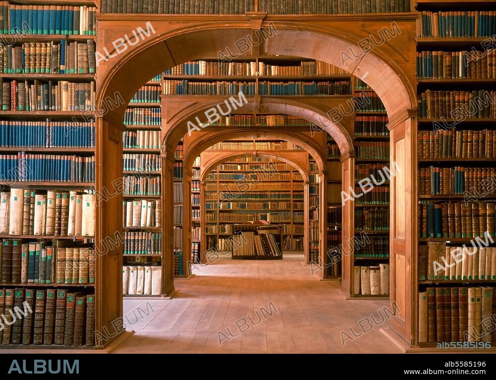 Görlitz (Oberlausitz, Sachsen), Haus Neißstraße 30 (20), Städtische Kunstsammlungen und Oberlausitzische Bibliothek der Wissenschaften. Innenansicht: Bibliothek, Hauptsaal mit Regalbögen um 1775. Foto (Florian Monheim).