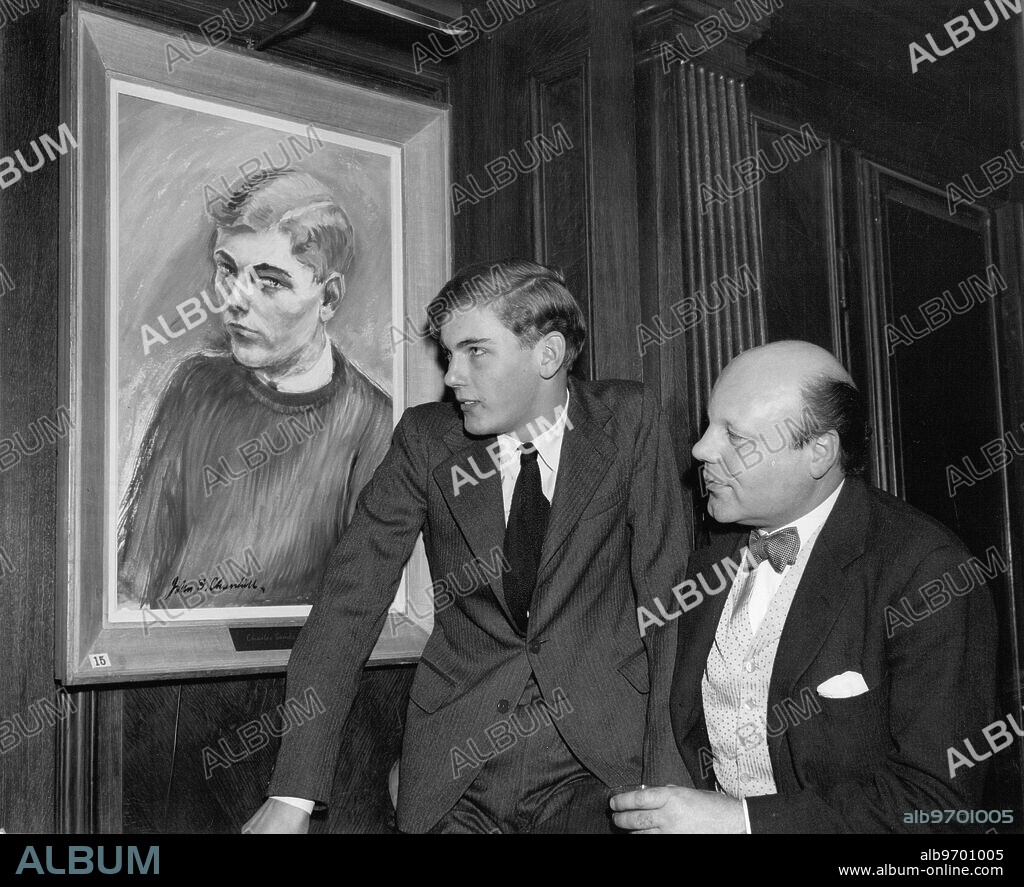 Mr John Spencer Churchill , artist nephew of Sir Winston Churchill , and his step son Charles Sands with Mr Churchill 's portrait of Charles at the Society Restaurant , Jermyn Street , London . 5th March 1959.