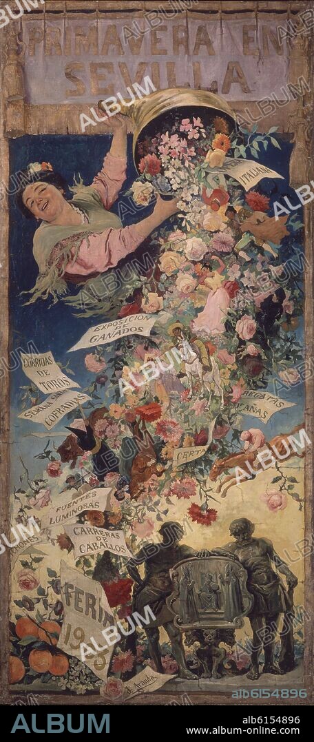 JOSE JIMENEZ ARANDA (1837-1903). PRIMAVERA EN SEVILLA - 1903 - CARTEL ANUNCIADOR DE LA FERIA SEVILLA - O/L - 257X115.