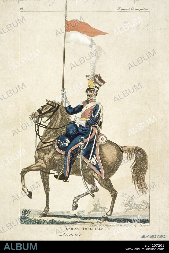 French lancer of the Imperial Guard, Napoleonic Wars, c1815. Engraving produced in Paris. In 1815 at the Battle of Waterloo this unit formed part of General Lefebvre-Desnouettes Guard Light Cavalry Division, which took part in Marshal Ney's massed cavalry attack on the British lines. They had also been engaged at the Battle of Quatre Bras on 16 June as scouts ahead of Marshal Ney's main body.