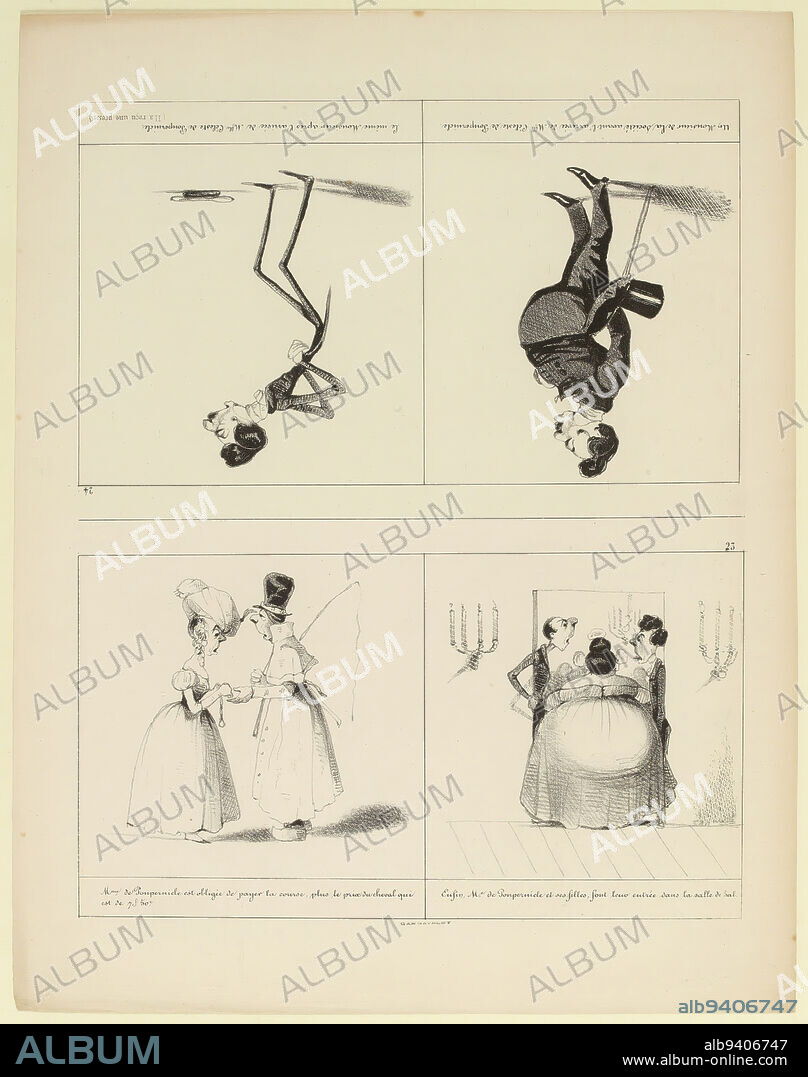 Madame de Poupernicle is obliged to pay for the fare [...] / 23 [...] A gentleman from the Society before the arrival of Miss Céleste de Poupernicle. [...] / 24., Cham (Amédée Charles de Noé, known as), Draftsman-lithographer, Aubert, Printer-lithographer, In 1840, Print, Graphic arts, Print, Lithography, Dimensions - Work: Height: 34.9 cm, Width: 27.5 cm.