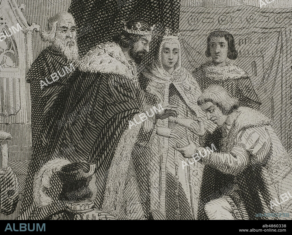 Cristóbal Colón (1451-1506) se presenta ante los Reyes Católicos, Fernando II de Aragón e Isabel I de Castilla. Ilustración por Urrabieta, detalle. Grabado por Roca. Historia de Cataluña y de la Corona de Aragón, por Victor Balaguer. Barcelona,1862.