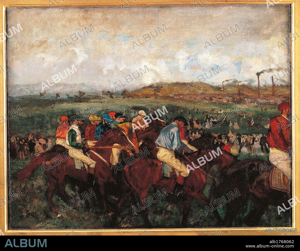 The Gentlemens Race Before the Start, by Edgar Degas, 1862, 19th Century, oil on canvas, cm 48,5 x 61,5. France, Ile de France, Paris, Muse dOrsay. All. Racehorses brown jockey green grass gentlemen before the start.
