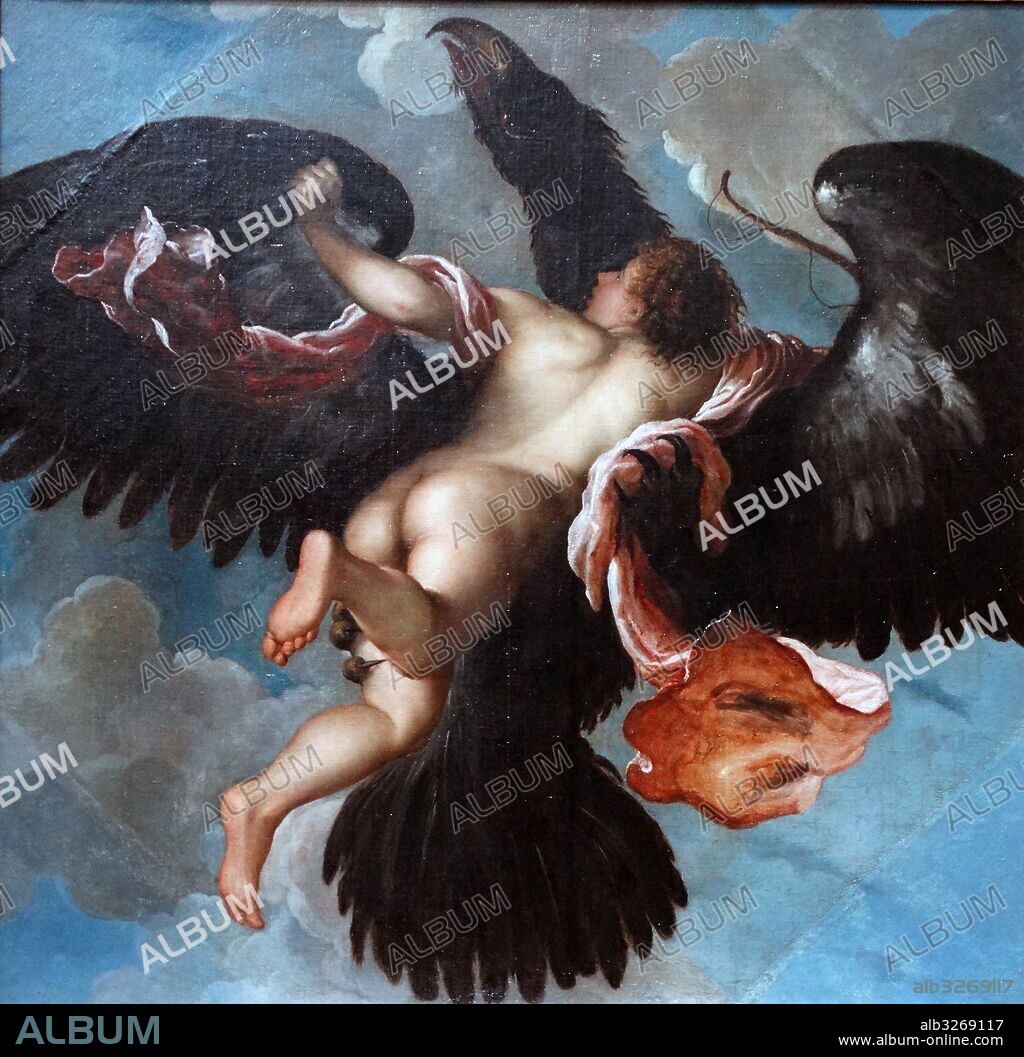 Painting titled 'The Rape of Ganymede' by Damiano Mazza, an Italian Renaissance artist. Dated 16th Century.