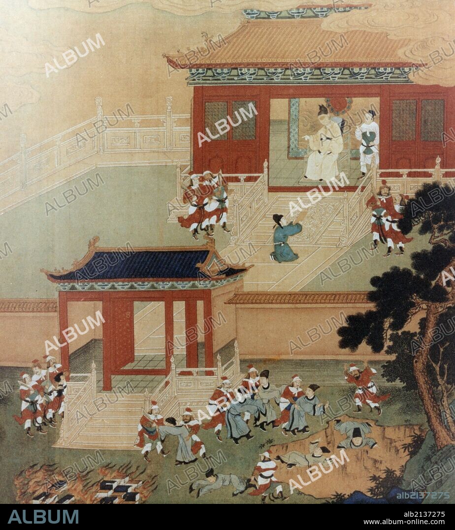 Killing of Confucian scholars by order of Emperor Qin Shi Huang Ti (Qin Dynasty 221-206 B.C.). Painting. (Photo by: Sovfoto/UIG via Getty Images).