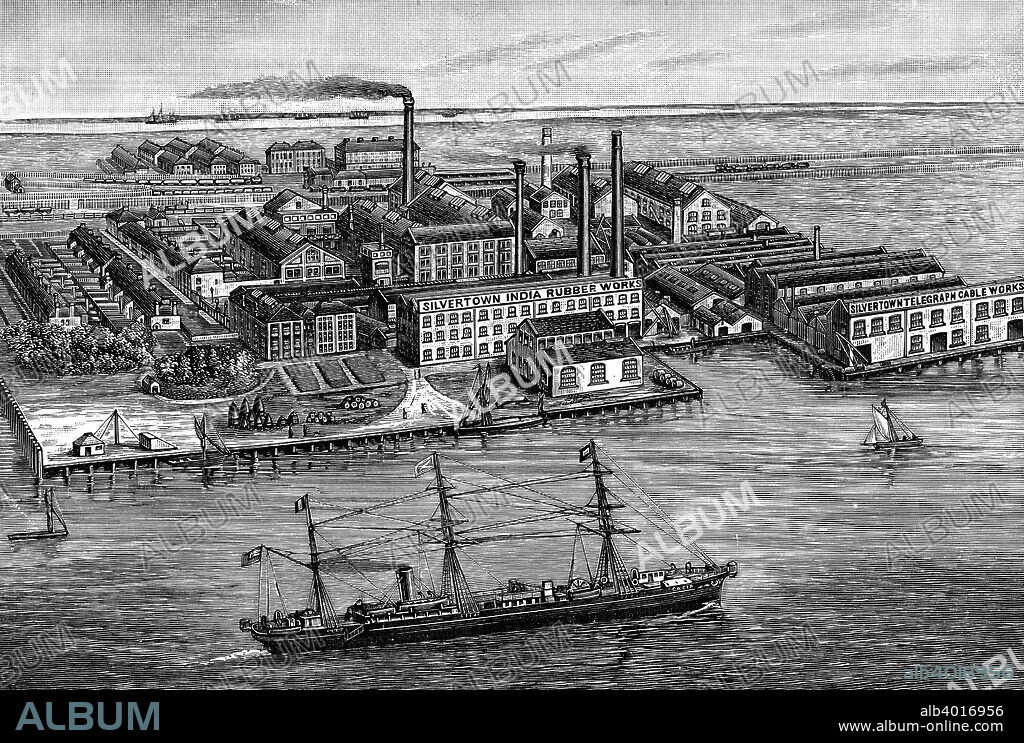 India Rubber, Gutta Percha & Telegraph Works Company factory, Silvertown, London, 1887. The factory, which manufactured much of the telegraph equipment used in Britain, was built by Samuel Silver (1803-1859) in 1852. It was destroyed by German bombing in World War II.