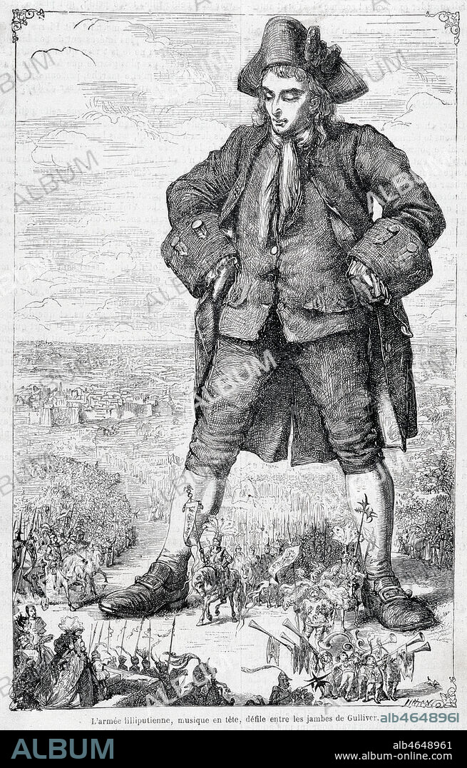 'L'armee liliputienne, musique en tete, defile entre les jambes de Gulliver'. Oeuvre de SWIFT (1667-1745) publiee dans La Semaine des enfants en 1867. Illustration par Thomas MORTEN. Credit : Collection Jonas/KHARBINE-TAPABOR.