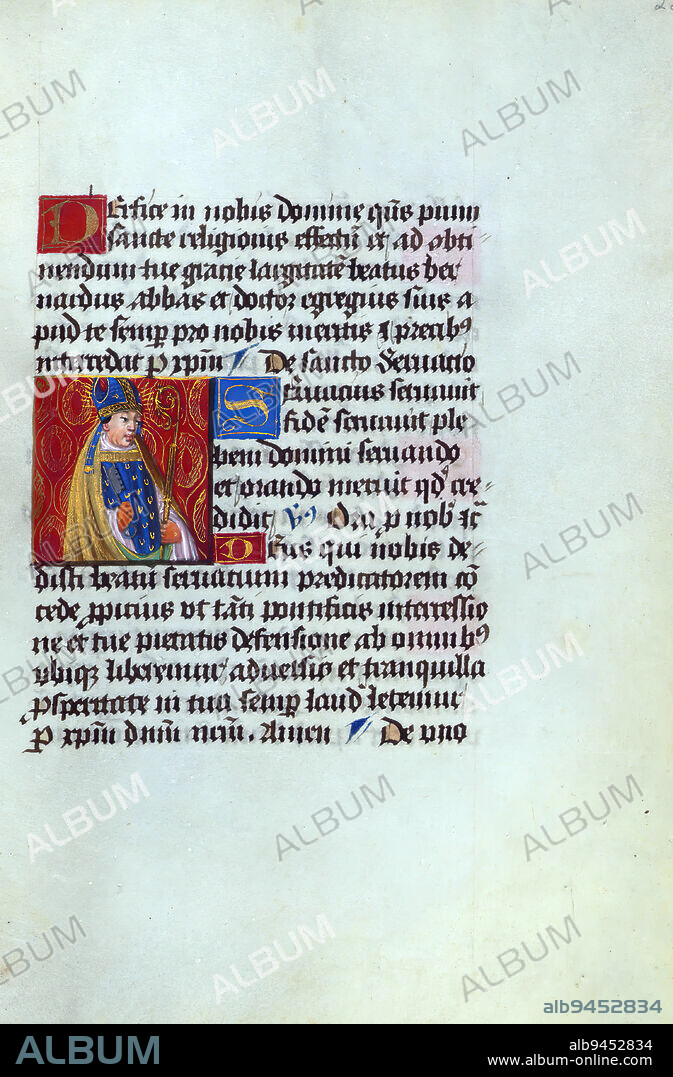 Prayer book, St. Servatius, This early sixteenth-century illuminated prayer book contains Latin prayers and passages from the Gospels. Although small in scale, it is notable for its abundance of illuminations, with nearly sixty extant small miniatures. Full-color portraits embellish the prayers to the Virgin and Suffrages, while the images within the Gospel narrative are rendered primarily in grisaille, a nearly entirely gray monochrome technique. The last folios include a trompe-l'oeil foliate margin and a Crucifixion that seems to be a later addition. Throughout the book gold initials on red or blue grounds mark the beginning of the prayers.