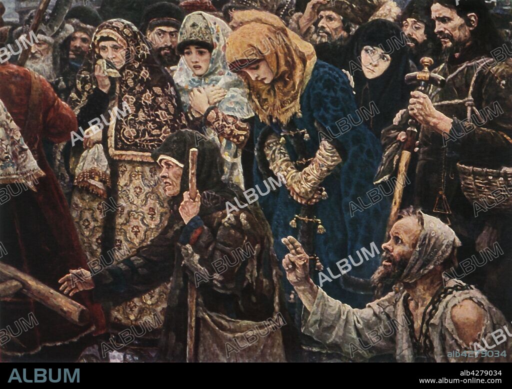 VASILY SURIKOV. 'The Boyar Morozova', 1887, (1965). Detail showing distraught worshippers, from a painting depicting Feodosia Morozova's arrest by the Nikonians in 1671.  As an Old Believer, the man at bottom right holds two fingers, rather than three, raised in the old way of making the sign of the cross. Feodosia Morozova (1632-1675) was one of the leading figures of the Old Believer movement that split from the Russian Orthodox Church after 1666-1667 in protest at religious reforms instigated by Patriarch Nikon. She was arrested and imprisoned, along with her sister, Princess Evdokia Urusova, in the cellar of the St Paphnutius Monastery in Borovsk. Feodosia starved to death there in 1675 and was venerated as a martyr by the Old Believers. Painting, also known as 'Boyarynya Morozova', in the State Tretyakov Gallery, Moscow. From "Russian Painting of the 18th and 19th Centuries" by Vladimir Fiala. [Artia, Czechoslovakia, 1965].