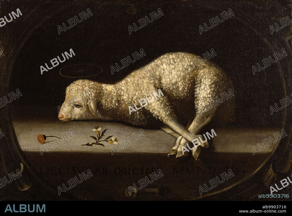 JOSEFA DE AYALA. The Sacrificial Lamb, c1670-1684. The inscription refers to Christ as the Lamb whose death was foretold. This symbolism of Christ as a sacrificial lamb who brings salvation derives from the feast of Passover, instituted after the Lord saved the Jews in Egypt who brushed the blood of slaughtered lambs over their doors.