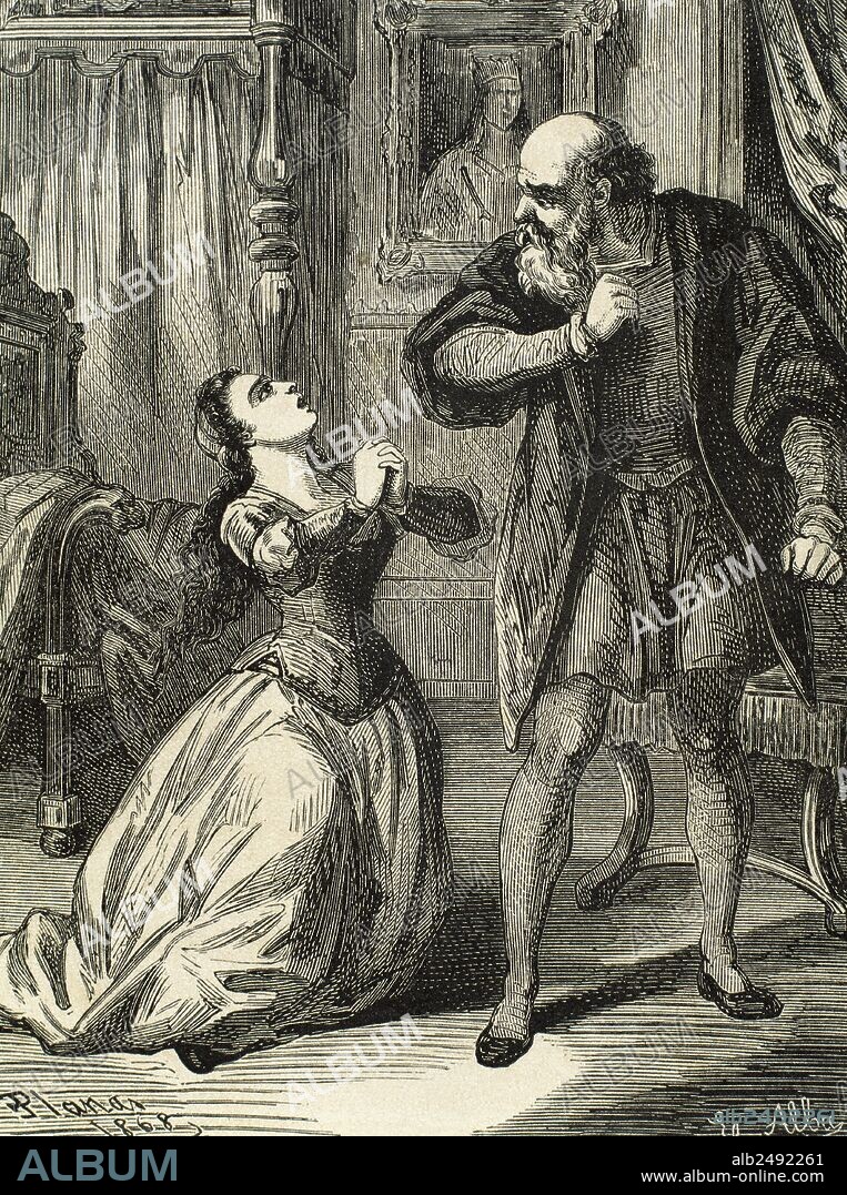 William Shakespeare (1564-1616). English writer. Romeo and Juliet. Juliet begs her father's pardon. Engraving by Planas, 1868.