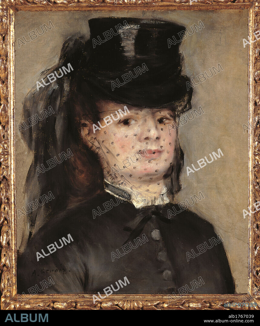 Madame Darras, by Pierre-Auguste Renoir, 19th Century, oil on canvas, cm 47,5 x 39. France, Ile de France, Paris, Muse dOrsay, RF1965-11. All. Portrait of Madame Darras young woman hat black dress veil.