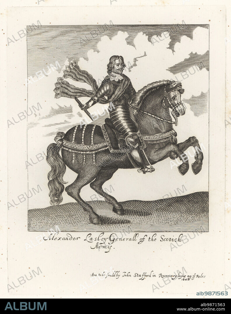 Alexander Leslie, 1st Earl of Leven, Scottish general for the Parliamentary cause, c.1580-1661. King Charles I surrendered to him at Newark-on-Trenet in 1646. In van Dyke beard, lace collar, suit of plate armour, sash, mounted on a horse, holding a baton. Alexander Lasley, Generall of the Scotish Army. From the curious equestrian print in Earl Spencer's Clarendon, sold by John Stafford, Rosemary Layne. Copperplate engraving from Samuel Woodburns Gallery of Rare Portraits Consisting of Original Plates, George Jones, 102 St Martins Lane, London, 1816.