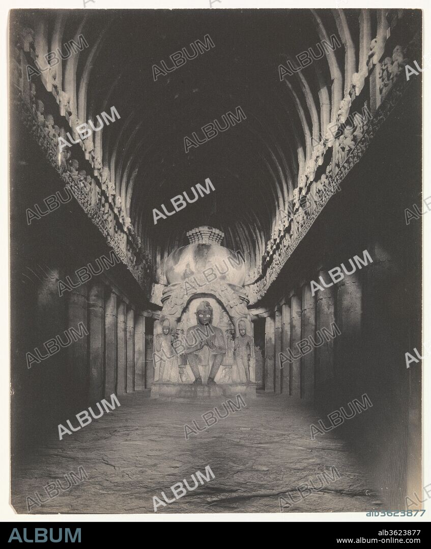 ALFRED WILLIAM PLÂTÉ. [Sutar ka Jhopda Cave Interior, Ellora Caves]. Artist: Alfred William Plâté (German (active Sri Lanka), ca. 1859 -1931 Linz). Dimensions: Image: 27.8 x 22.8 cm (10 15/16 x 9 in.). Date: 1890-1900.
This beautifully printed and perfectly preserved print shows the most famous Buddhist rock-cut temple in Ellora, India, the "Carpenter's Cave," excavated about 700. Although carved from rock, the large hall is designed to look like a vaulted ceiling of wood beams supported by columns, echoing contemporary timber shrines. Plâté's eerily lit photograph powerfully conveys a spiritual aura, with the statue of the Buddha in a teaching posture at center shown as the focal point of the dramatic perspective and the play of light.