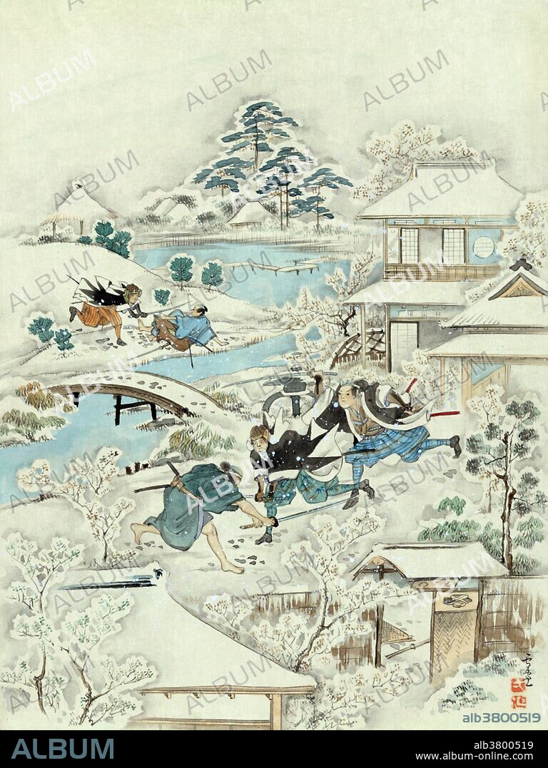Entitled: "Juichidanme - act eleven of the Chushingura - searching the grounds." Drawing shows the night attack on Kira Yoshinaka's home by the 47 ronin. Chushingura is the title given to fictionalized accounts in Japanese literature, theater, and film that relate the historical incident involving the Forty-seven Ronin. The story tells of a group of samurai who were left leaderless (becoming ronin) after their daimyo (feudal lord) Asano Naganori was compelled to commit seppuku (ritual suicide) for assaulting a court official named Kira Yoshinaka. The ronin avenged their master's honor by killing Kira, after waiting and planning for a year. In turn, the ronin were themselves obliged to commit seppuku for committing the crime of murder. This true story was popularized in Japanese culture as emblematic of the loyalty, sacrifice, persistence, and honor that people should preserve in their daily lives. The historical basis for the narrative began in 1701. No artist credited, circa 1800-50.