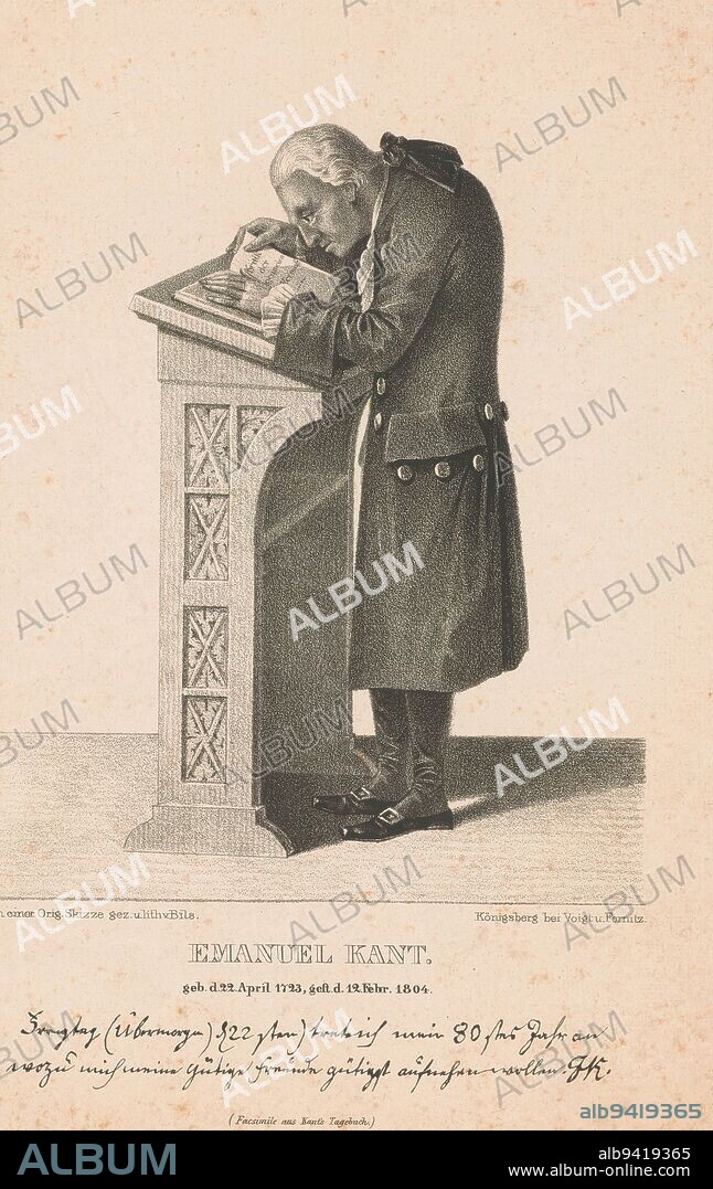 Portrait of Immanuel Kant, Emanuel Kant (title on object), Portrait of the German philosopher Immanuel Kant standing behind a lectern, reading in a book. Below the portrait an excerpt from his diary., print maker: Friedrich Bils, (mentioned on object), publisher: Voigt & Fernitz, (mentioned on object), Königsberg, 1811 - 1853, paper, height 265 mm × width 172 mm.