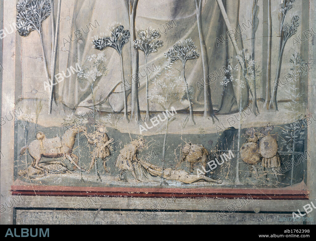 Allegory of Vice and Virtue Injustice, by Giotto, 1306 about, 14th Century, fresco, cm 120 x 60. Italy, Veneto, Padua, Scrovegni Chapel. Detail. Frieze depicting a crime scene soldiers knight a corpse is dragged.