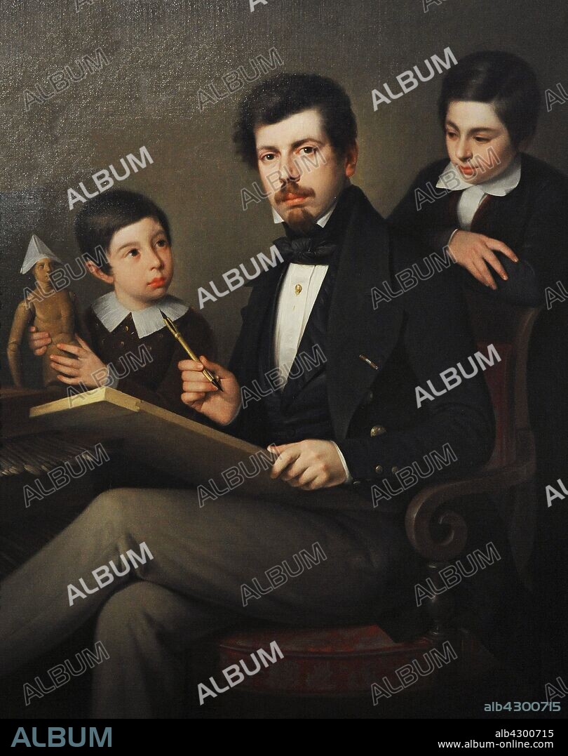 Antonio María Esquivel y Suárez de Urbina (1806-1857). Pintor romántico español. Autorretrato con sus hijos Carlos y Vicente, 1843. Óleo sobre lienzo. Museo del Romanticismo. Madrid. España.