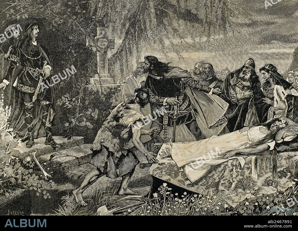 LITERATURA INGLESA. SIGLO XVI. SHAKESPEARE, William (Stratford-on-Avon,1564-1616). Grabado con la representación del "ENTIERRO DE OFELIA", personaje de su célebre obra "HAMLET".