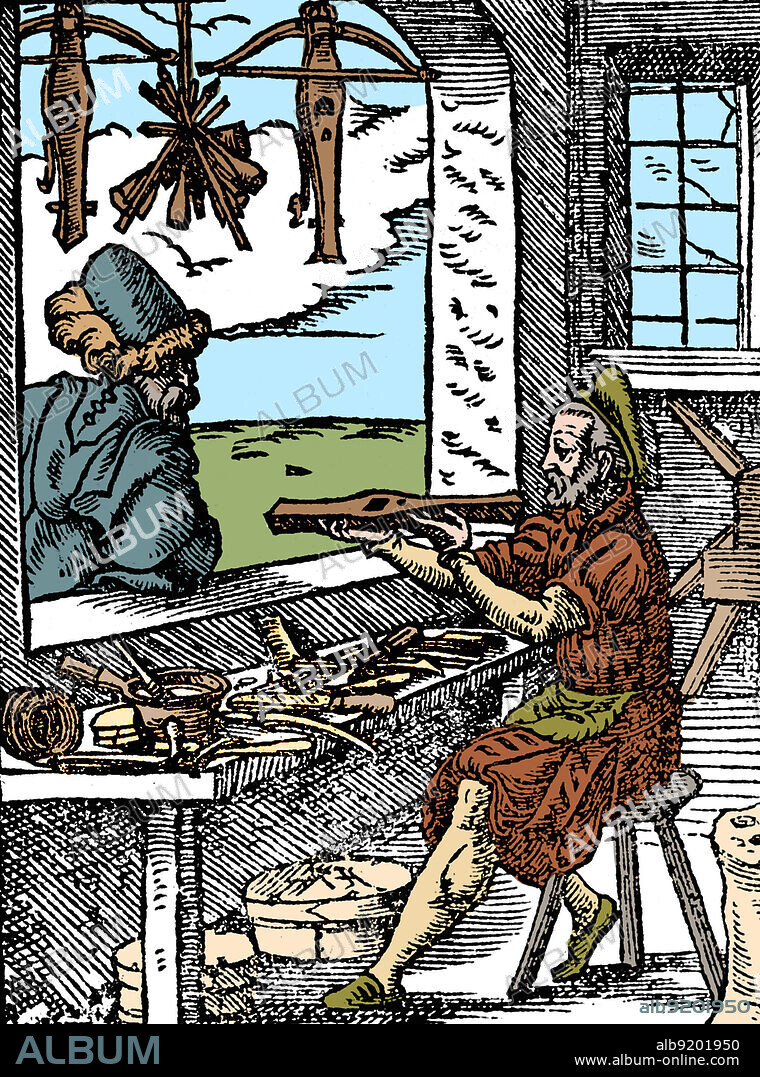 A crossbow maker (bowyer) is working at his workbench, with two finished crossbows and some bolts hanging in the window. Woodcut from Jost Amman's Book of Trades, 1568. Colorized.