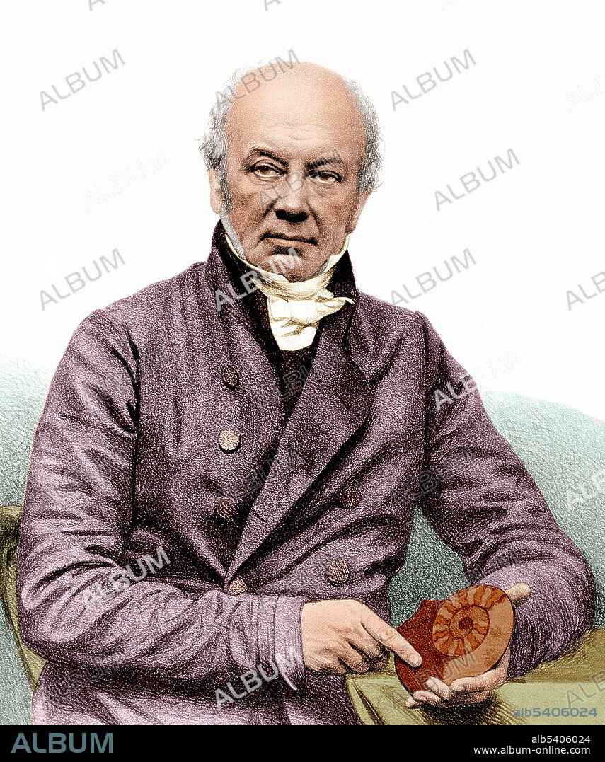 William Buckland (1784-1856) was an English geologist and paleontologist who wrote the first full account of a fossil dinosaur, which he called megalosaurus. He was a pioneer in the use of fossilized feces, for which he coined the term coprolites, to reconstruct ancient ecosystems. Lithograph by T. H. Maguire, 1849, after Claudet. Colorized.
