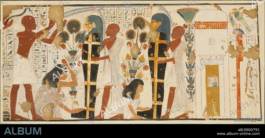 Purifying and Mourning the Dead, Tomb of Nebamun and Ipuky. Artist: Charles K. Wilkinson ca. 1930. Dimensions: Facsimile: H. 38.7 × W. 83.5 cm (15 1/4 × 32 7/8 in.), scale 1:1, Framed: H. 40.3 × W. 85 cm (15 7/8 × 33 7/16 in.). Dynasty: Dynasty 18. Reign: reign of Amenhotep III-Akhenaten. Date: ca. 1390-1349 B.C..
This facsimile painting copies part of a funeral scene in the tomb of Nebamun and Ipuky (TT 181) at Thebes. The scene depicts the funerals of the two men, who died at different times.