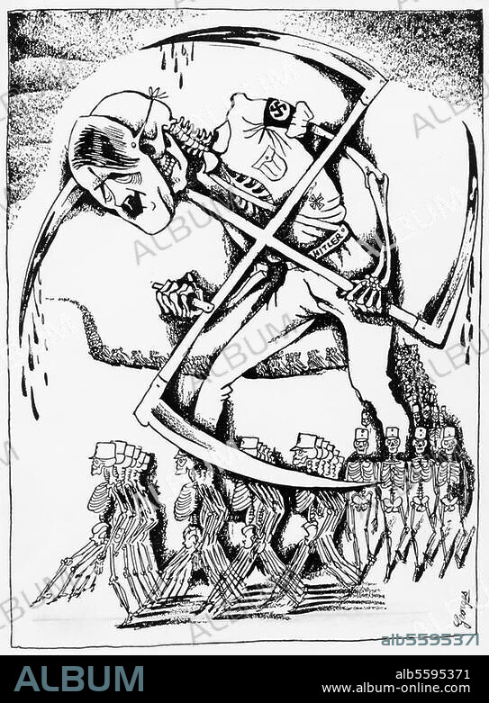 Hitler, Adolf; Politiker (NSDAP). 1889-1945. - "Grim Reaper". - (Karikatur: Hitler als Tod, das Hakenkreuz als Sense). Druck nach Zeichnung von Georges. Aus: The Nation, New York, 5. April. 1933.