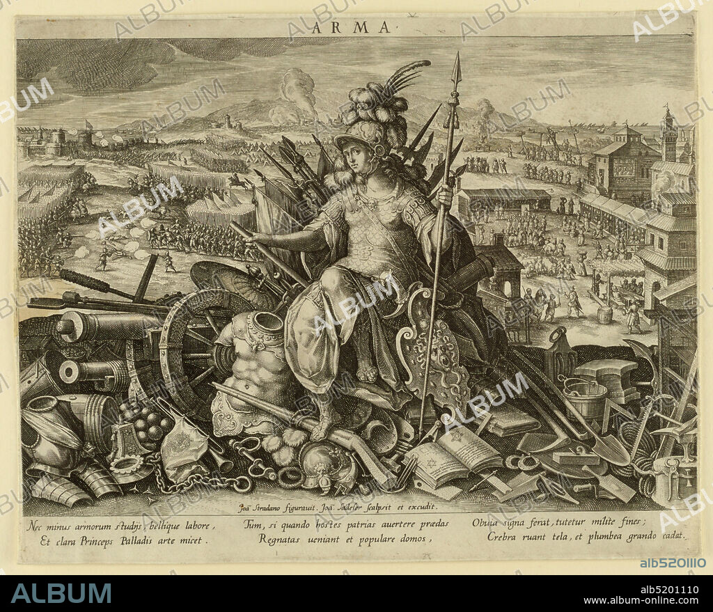 Minerva, or 'Arma' (Allegory of the Art of War), pl. 2 in the Schema, seu Speculum Principum (Skills of a Prince) series, Jan Sadeler, the Elder, ca. 1550 1600, Jan van der Straet, called Stradanus, Flemish, 15231605, Charles Emmanuel I, Duke of Savoy, French, 1562 - 1630, Catherine Michelle of Spain, Duchess of Savoy, Spanish, 1567 - 1597, engraving on paper, In the foreground, the goddess Minerva, or Pallas Athena, clad in armour with the Medusa shield, is seated on a heap of objects associated with war, including a cannon, and a military treatise and instruments such as a drum and trumpets; to left, two armies engage in pitch battle; to right, behind a town settlement, soldiers supervise a series of executions., 1597, Print, Print.